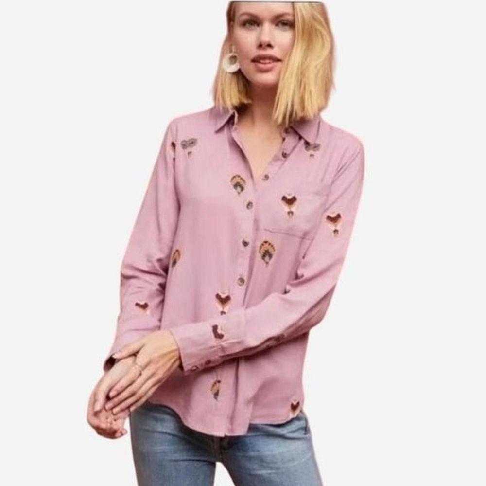 Anthropologie Pink Embroidered Button Down Shirt